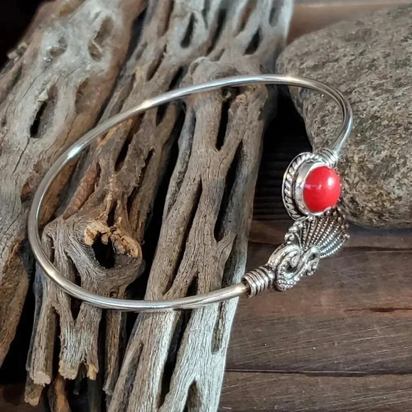 Handcrafted Red Coral Gemstone Peacock Sterling Silver Overlay Cuff Bracelet #O - Picture 3 of 7